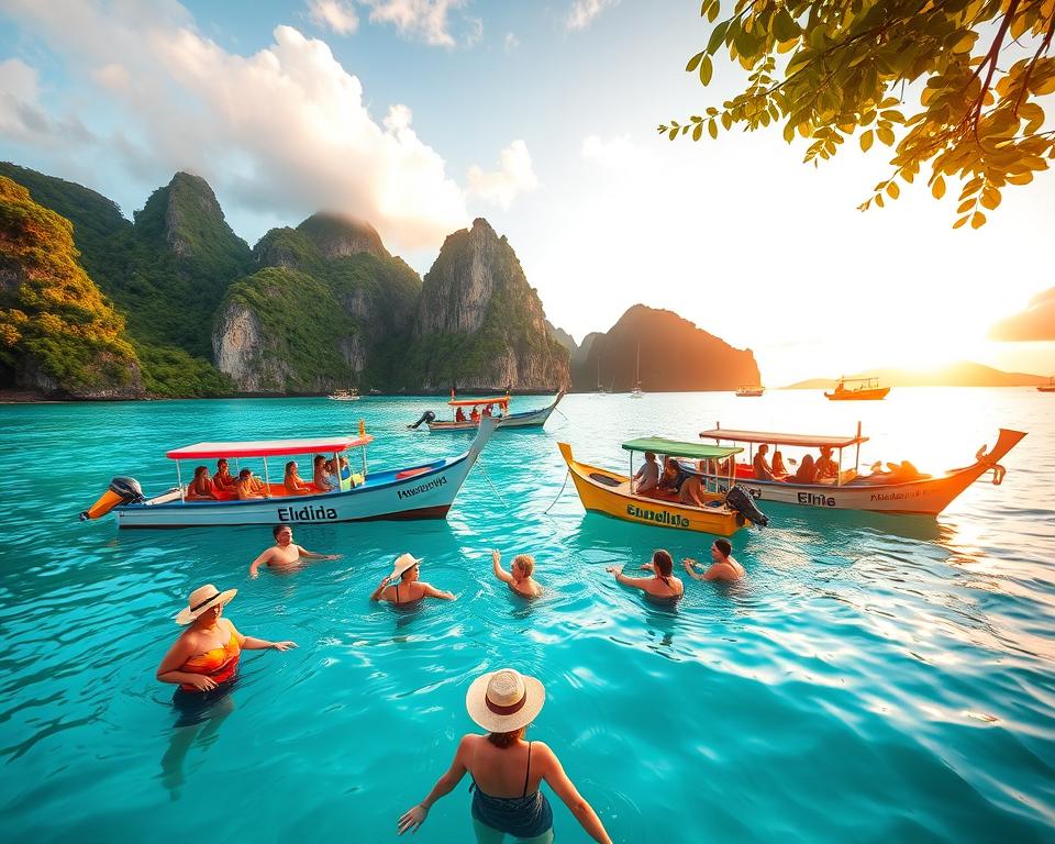 A vibrant tropical scene showcasing El Nido, Palawan, with four distinct boats for island-hopping tour A, B, C, and D, each decorated in bright colors. In the foreground, tourists in modest beach attire, including sun hats and sunglasses, are enjoying the crystal-clear turquoise waters, while some are diving or snorkeling to observe the rich marine life. The middle ground features stunning limestone cliffs and lush green vegetation that are iconic to the region, with the boats elegantly positioned near the shore. The background reveals a brilliant sunset, casting warm golden and orange hues across the sky, reflecting on the water’s surface. The mood is joyful and adventurous, capturing the essence of island hopping in this tropical paradise. Use a wide-angle lens to highlight the breathtaking scenery and maintain soft, warm lighting to enhance the tropical atmosphere.