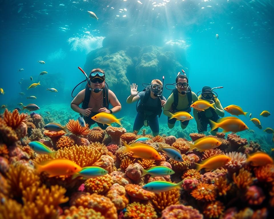 A vibrant underwater scene capturing the rich marine life of Sulawesi, Indonesia. In the foreground, a diverse array of coral reefs teems with colorful tropical fish, showcasing brilliant blues, yellows, and oranges. In the middle ground, a group of divers in modest, professional snorkeling gear explores the underwater landscape, their features illuminated by shafts of sunlight filtering through the surface. The background features a stunning underwater topography with rock formations and schools of fish swimming gracefully. The scene conveys a sense of harmony and wonder, highlighting the unique cultural aspects of Sulawesi while evoking the tranquility of exploring its underwater paradise. Use bright, natural lighting to create an inviting atmosphere, shot from a slightly elevated angle to capture depth.