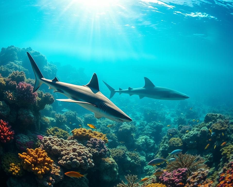 A vibrant underwater scene depicting a variety of sharks swimming gracefully in the crystal-clear waters of Thailand. In the foreground, a majestic blacktip reef shark glides past colorful coral reefs teeming with tropical fish. In the middle ground, a larger whale shark gently filters through the water, creating ripples around it. The background features sunlit rays penetrating the water surface, illuminating the underwater flora and creating a tranquil atmosphere. The scene captures the beauty and danger of marine life in Thailand's waters, with a serene yet awe-inspiring mood. The lighting is bright and natural, emphasizing the vibrant colors of the ocean ecosystem. An underwater camera perspective is used, focusing on the sharks in their natural habitat, evoking a sense of wonder and respect for these majestic creatures. A vibrant underwater scene depicting a variety of sharks swimming gracefully in the crystal-clear waters of Thailand. In the foreground, a majestic blacktip reef shark glides past colorful coral reefs teeming with tropical fish. In the middle ground, a larger whale shark gently filters through the water, creating ripples around it. The background features sunlit rays penetrating the water surface, illuminating the underwater flora and creating a tranquil atmosphere. The scene captures the beauty and danger of marine life in Thailand's waters, with a serene yet awe-inspiring mood. The lighting is bright and natural, emphasizing the vibrant colors of the ocean ecosystem. An underwater camera perspective is used, focusing on the sharks in their natural habitat, evoking a sense of wonder and respect for these majestic creatures.