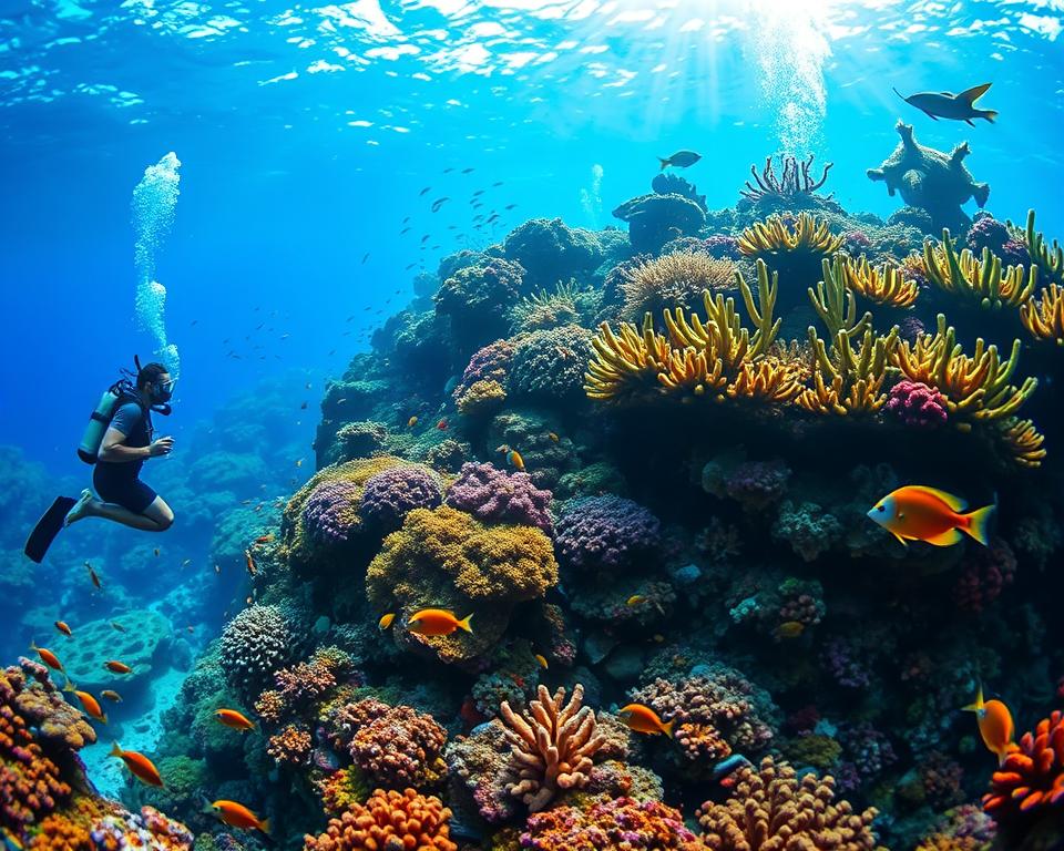 A vibrant underwater scene depicting diving in the southern region of Bali. In the foreground, a diver in modest diving attire explores a colorful coral reef, surrounded by a variety of tropical fish. The middle layer features diverse coral formations and sea plants swaying gently with the current, illuminated by soft, dappled sunlight filtering down from the surface above. In the background, hints of a vibrant underwater ecosystem with a playful sea turtle gliding gracefully. Enhance the atmosphere with rich blues and greens, creating a sense of tranquility and wonder. The lighting should be bright yet soft, suggesting a serene and inviting diving experience. Use a wide-angle lens perspective to capture the expansiveness of this underwater paradise, ensuring there are no human distractions or text elements in the image.