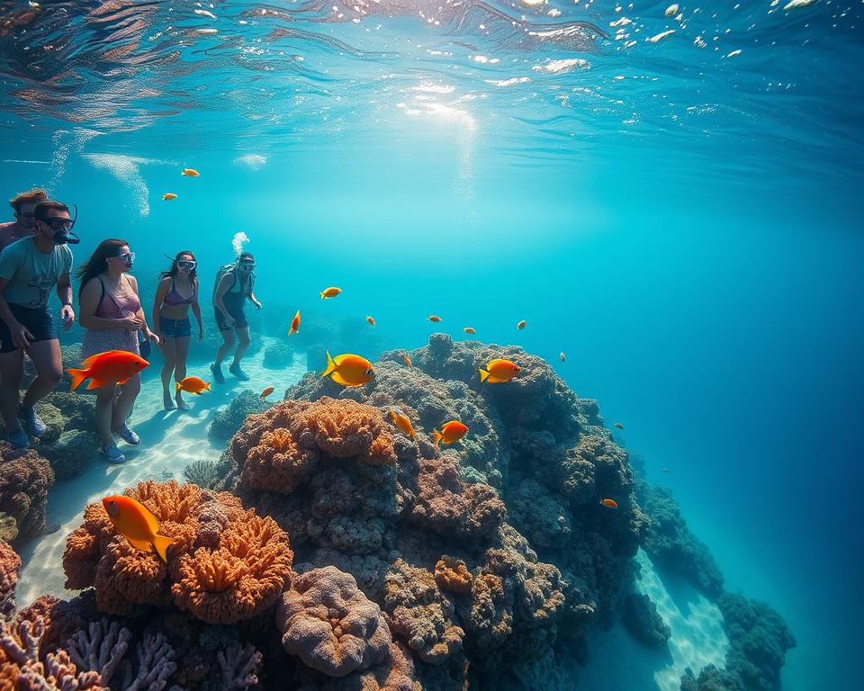 A vibrant underwater scene depicting the stunning beauty of the Great Barrier Reef. In the foreground, a group of diverse tourists, wearing modest casual attire and snorkeling gear, are exploring the colorful coral reefs teeming with marine life. Brightly colored fish swim gracefully around them. In the middle ground, the coral formations are rich in detail, showcasing various textures and colors, with soft sunlight filtering through the water, creating dappled patterns on the sand below. The background features a serene blue ocean, gradually deepening into darker hues, with hints of distant islands visible on the horizon. The overall mood is one of adventure and tranquility, inviting viewers to experience the natural wonder of this iconic location.