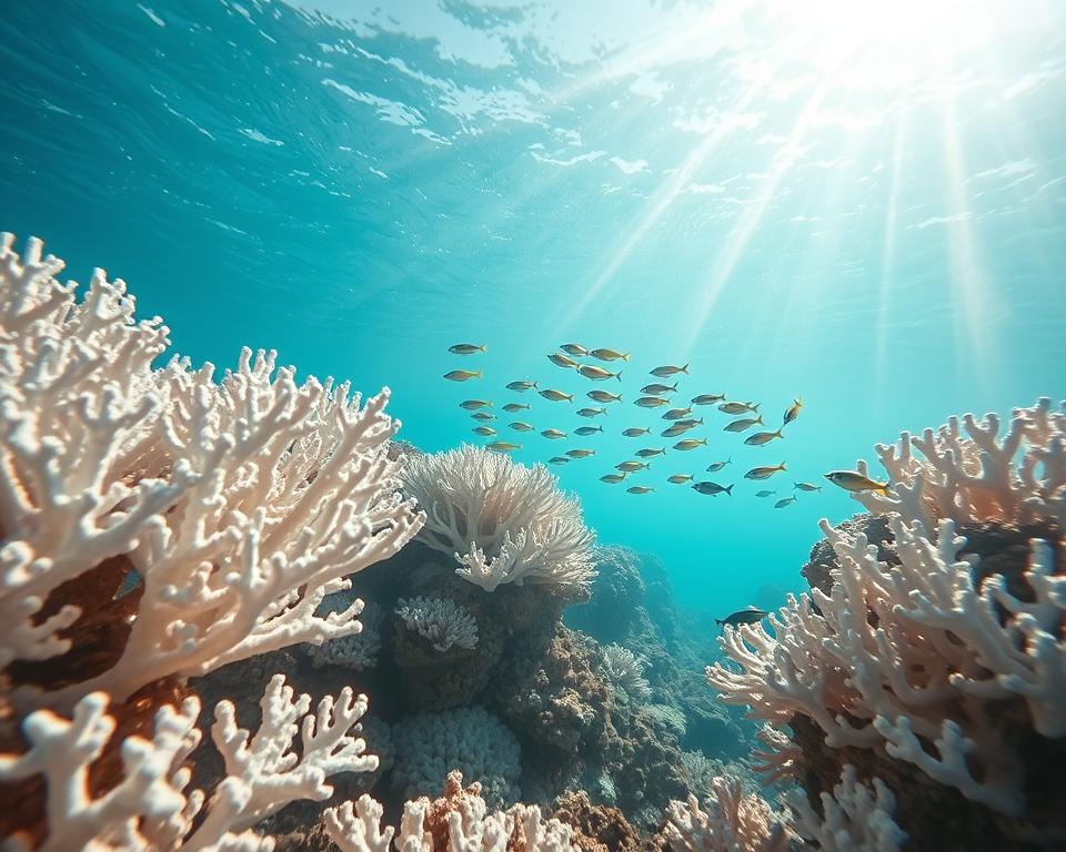 A vibrant underwater scene of the Great Barrier Reef, highlighting severe coral bleaching. In the foreground, bleached coral reefs in shades of white and light pink, appearing fragile and lifeless. In the middle ground, a school of colorful fish darting through the fading coral structures, showcasing the stark contrast between marine life and the deteriorating environment. The background features a gently rippling surface of sunlit water, filtering through with beams of light, creating an ethereal glow. The image captures a sense of urgency and environmental fragility, emphasizing the impact of climate change. Aim for a wide-angle perspective to encapsulate both the beauty and devastation of this iconic ecosystem. The atmosphere is melancholic yet hopeful, underscoring the need for conservation efforts.
