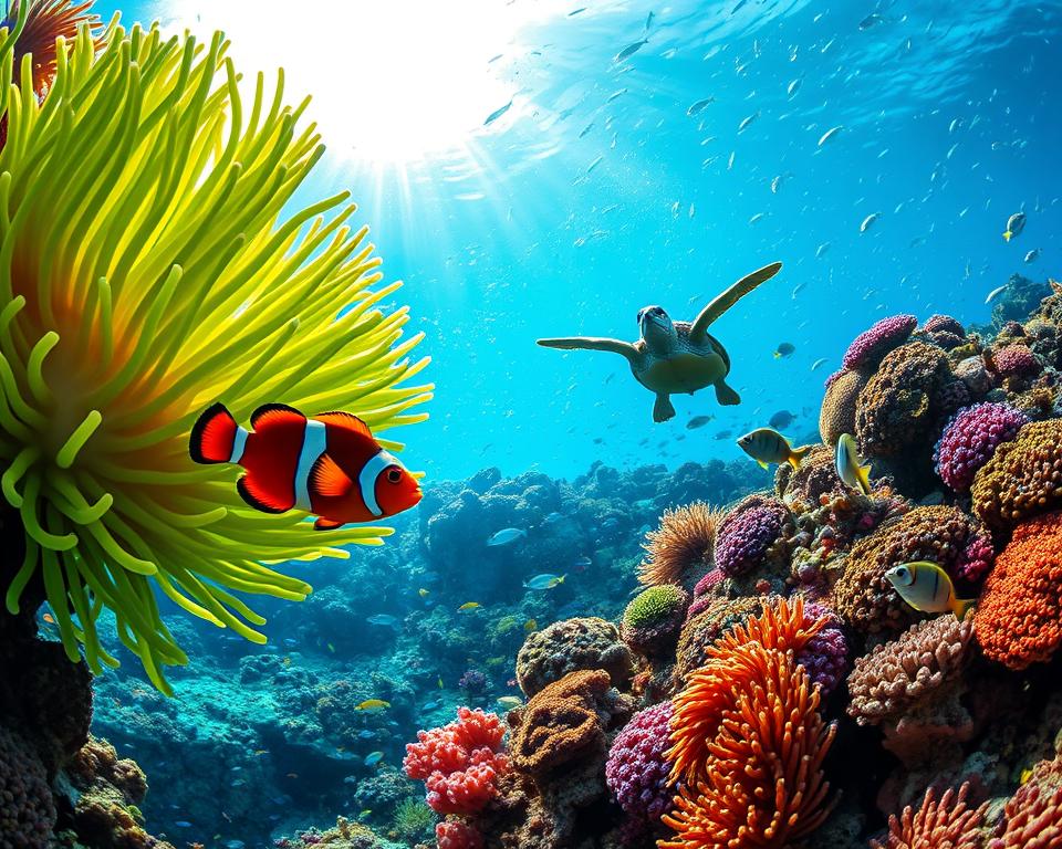 A vibrant underwater scene of the Great Barrier Reef, showcasing a diverse array of marine life. In the foreground, a colorful clownfish playfully swims among the tentacles of a bright green sea anemone, while a curious sea turtle glides gracefully in the middle ground. Surrounding them, schools of shimmering fish dart between vivid corals, displaying shades of blue, pink, and purple. In the background, the sunlight filters through the water's surface, casting ethereal rays that illuminate the scene, creating a tranquil yet lively atmosphere. The image captures the essence of a thriving underwater paradise, highlighting the intricate beauty and biodiversity of the reef ecosystem. Use a wide-angle lens effect to enhance the depth and detail of the underwater world.