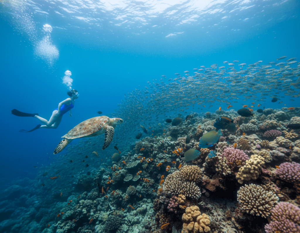 A vibrant underwater scene showcasing diverse sea life around Aka Island. In the foreground, a colorful coral reef teems with tropical fish, including clownfish and parrotfish. To the left, a diver in modest swimwear examines a sea turtle gliding gracefully by. The middle layer features schools of small, shimmering fish darting around the reef, while the background reveals the soft, azure hues of the ocean fading into deeper blues. Sunlight streams through the water surface, creating dappled light patterns that dance on the sand below. The atmosphere is serene and lively, inviting viewers to explore the rich marine biodiversity. The camera angle is slightly tilted upward, emphasizing both the vibrant sea life and the tranquil underwater expanse. A vibrant underwater scene showcasing diverse sea life around Aka Island. In the foreground, a colorful coral reef teems with tropical fish, including clownfish and parrotfish. To the left, a diver in modest swimwear examines a sea turtle gliding gracefully by. The middle layer features schools of small, shimmering fish darting around the reef, while the background reveals the soft, azure hues of the ocean fading into deeper blues. Sunlight streams through the water surface, creating dappled light patterns that dance on the sand below. The atmosphere is serene and lively, inviting viewers to explore the rich marine biodiversity. The camera angle is slightly tilted upward, emphasizing both the vibrant sea life and the tranquil underwater expanse.