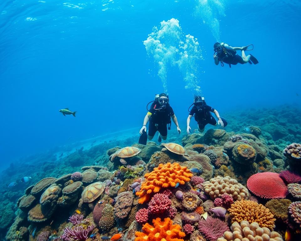 A vibrant underwater scene showcasing scuba diving in Sanya, China. In the foreground, a group of divers in modest, professional diving gear explore a colorful coral reef teeming with diverse marine life, including tropical fish and sea turtles. The middle layer features rippling blue waters illuminated by sunlight filtering through the ocean surface, creating a serene and enchanting atmosphere. In the background, the silhouette of Sanya's coastline can be seen, hinting at the lush, green hills and sandy beaches. The image captures the excitement of water sports activities, with clear visibility and a dynamic angle, emphasizing both the beauty of the underwater world and the spirit of adventure in Sanya.