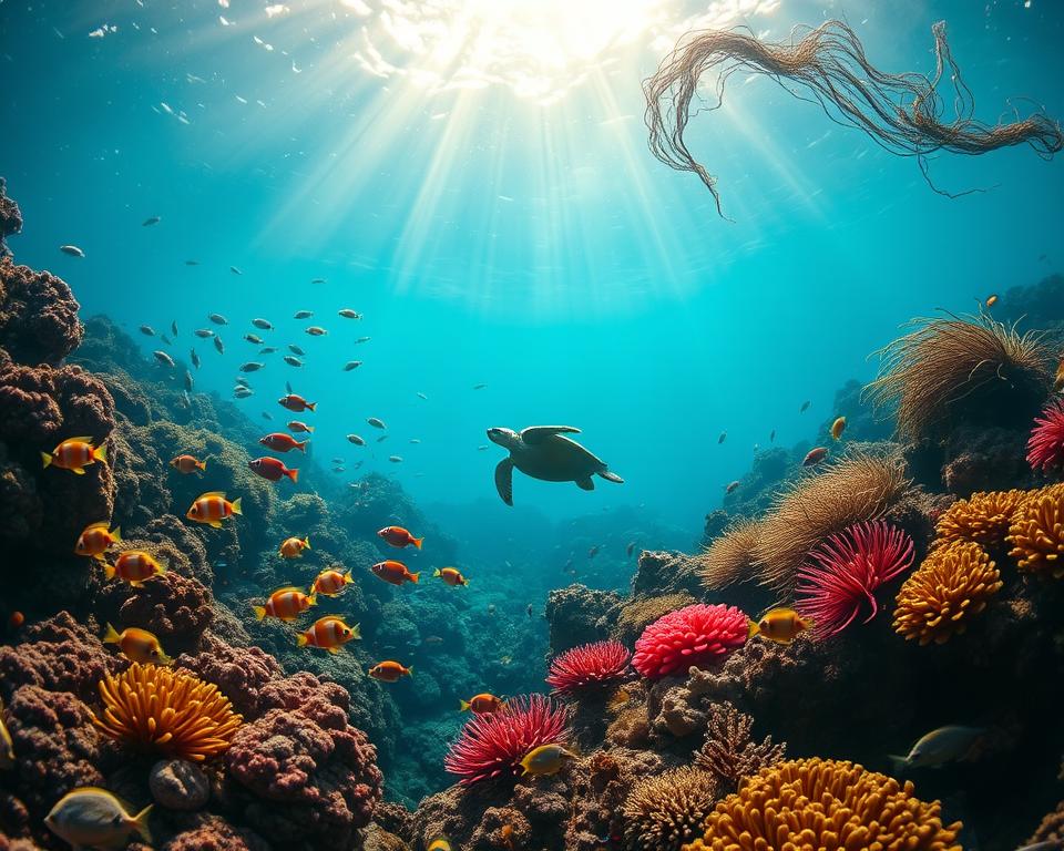 A vibrant underwater scene showcasing the diverse marine fauna of Bali. In the foreground, vivid coral reefs teeming with colorful fish such as clownfish, butterflyfish, and parrotfish swim among the corals. The middle ground features a graceful sea turtle gliding through the water, surrounded by swaying seaweed and fragile anemones. In the background, shafts of sunlight filter down from the surface, creating a serene and magical atmosphere, illuminating the rich aquatic life. The image captures the essence of underwater exploration with a clear and crisp perspective as if viewed through a wide-angle lens, enhancing the depth and richness of the marine ecosystem. The overall mood should evoke wonder and tranquility, inviting viewers to appreciate the beauty and complexity of Bali’s underwater world.