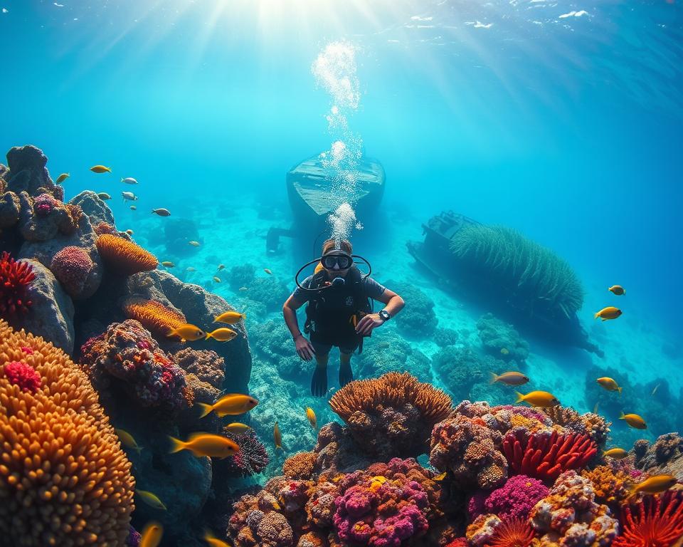 A vibrant underwater scene showcasing the diverse marine life of Papua New Guinea, focusing on snorkeling and diving experiences. In the foreground, a diver in modest, professional diving attire explores colorful coral reefs teeming with tropical fish. The middle ground features sunken shipwrecks partially covered in marine vegetation, creating an intriguing backdrop. In the background, sunlight filters through the shimmering surface of the ocean, casting gentle beams on the underwater landscape. Soft, soothing blues and greens dominate the color palette, evoking a serene and adventurous atmosphere. The scene captures the beauty of underwater hotspots, highlighting the rich biodiversity and charm of the marine environment without any text or watermarks.