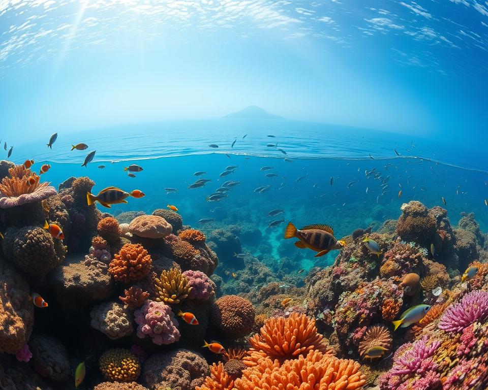 A vibrant underwater scene showcasing the enchanting marine life of Lovina, Indonesia. In the foreground, colorful coral reefs teeming with diverse species of fish – bright clownfish, gentle sea turtles, and schools of darting surgeonfish. In the middle ground, a soft ray of sunlight filters through the clear water, illuminating the intricate textures of corals and the swaying seaweed. In the background, the faint silhouette of a distant volcanic island adds depth, surrounded by gentle waves. The atmosphere is serene and tranquil, evoking a sense of wonder and exploration. Capture this scene with a wide-angle lens to encompass the full variety of marine life, enhancing the colors for a more vivid presentation.