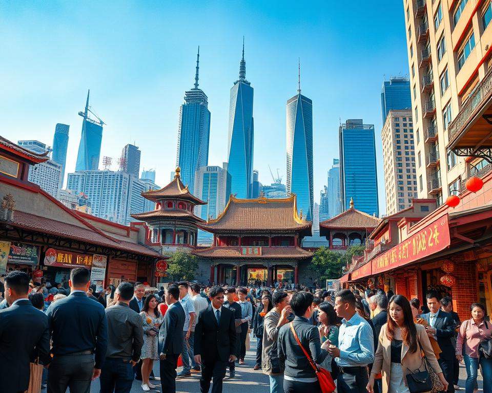 A vibrant urban scene depicting the cultural richness of a megacity in China, showcasing a blend of modern architecture and traditional elements. In the foreground, a diverse group of people in professional business attire engage in conversations, surrounded by street vendors selling local delicacies. The middle ground features iconic landmarks such as ornate temples and modern skyscrapers, illustrating the juxtaposition of history and contemporary life. The background reveals a bustling cityscape under a clear blue sky, with soft sunlight casting warm tones over the buildings. The atmosphere should convey a lively, energetic city life, highlighting the richness of culture and tourism in China's largest city. The angle should provide a dynamic view that captures the essence of urban vibrancy without text or distractions.