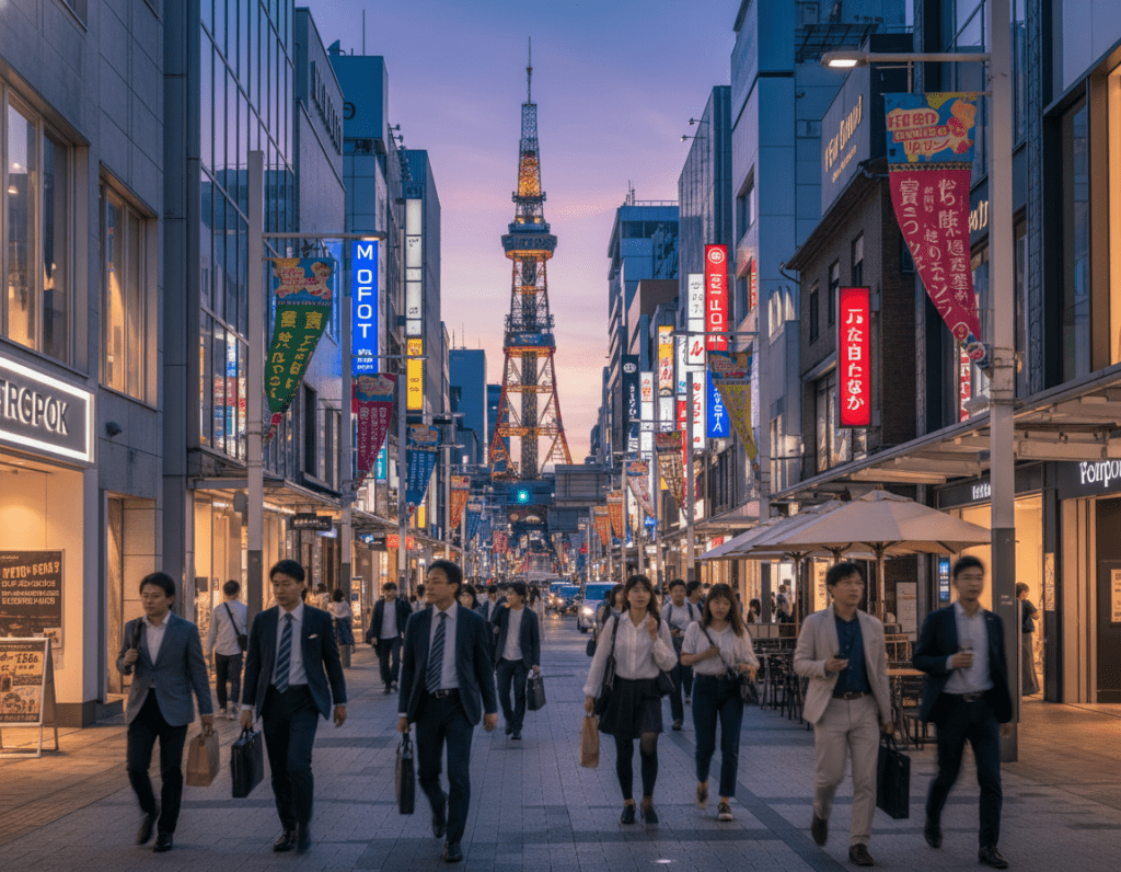 A vibrant urban scene of Sakae in Nagoya, featuring a bustling shopping area filled with modern storefronts and chic restaurants. In the foreground, pedestrians dressed in professional business attire and modest casual clothing stroll along the sidewalk, some carrying shopping bags. The middle ground showcases bright neon signs and colorful banners promoting local events, while inviting cafés spill onto the streets with outdoor seating. In the background, the iconic Nagoya TV Tower rises against a dusk sky, illuminated softly by warm streetlights. The atmosphere is lively and energetic, capturing the essence of an urban hub bustling with activity. The image is well-lit with a focus on dynamic angles that convey movement and excitement in this vibrant city center.