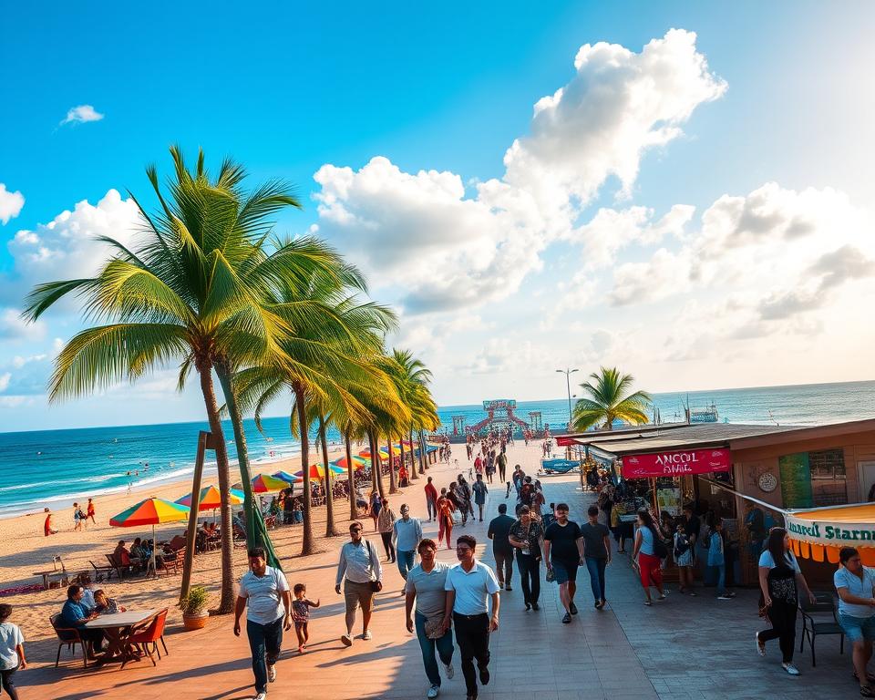 A vibrant view of Ancol Strandpromenade during a sunny day, showcasing a bustling beach boardwalk lined with palm trees and colorful beach umbrellas in the foreground. Families and friends stroll along the promenade, enjoying the lively atmosphere, dressed in modest casual clothing. In the middle ground, outdoor cafes and shops with patrons seated, while children play in the sand, creating a sense of leisure and joy. The background features the sparkling blue ocean with gentle waves, dotted with boats and water activities. The sky is a brilliant blue with fluffy white clouds, enhancing the cheerful ambiance. Capture this scene with a warm golden hour light, using a wide-angle lens to convey a sense of space and activity, creating an inviting and idyllic seaside escape.