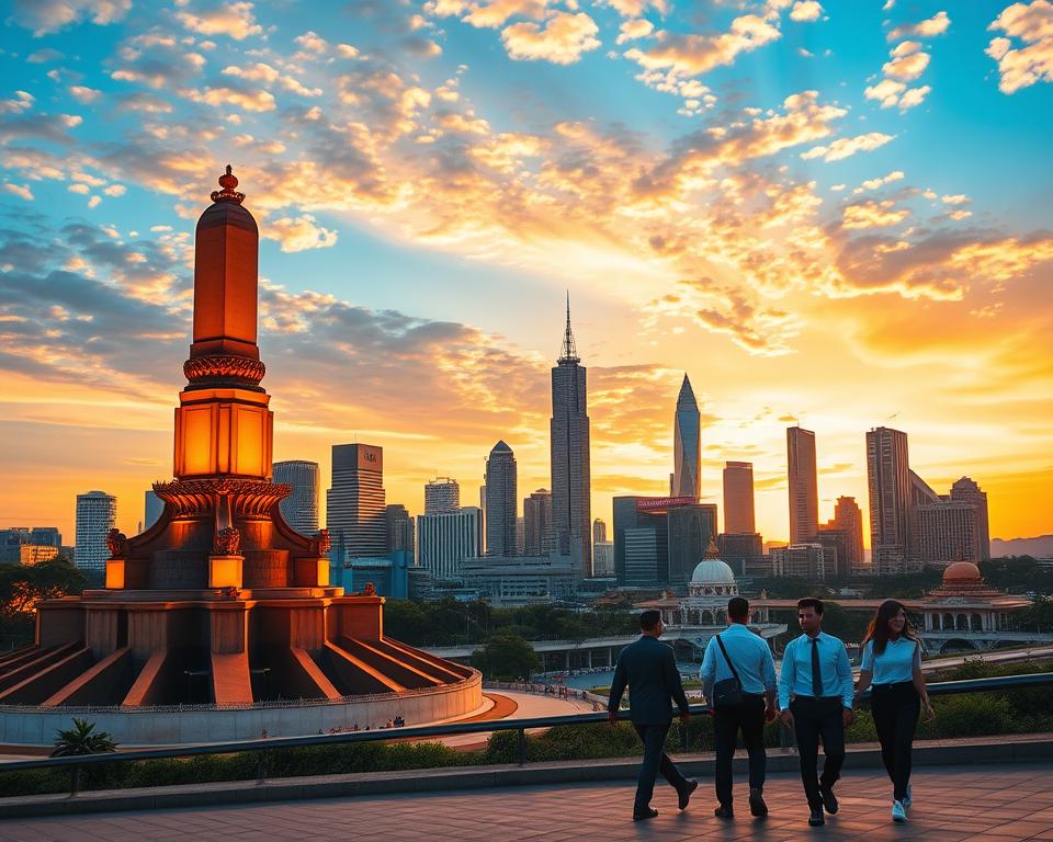 A vibrant view of Jakarta's iconic skyline at sunset, showcasing the National Monument (Monas) in the foreground, elegantly lit with warm, golden hues. The middle ground features a bustling scene of modern skyscrapers and traditional Javanese architecture, demonstrating the city's rich cultural blend. In the background, a sky filled with colorful clouds enhances the dynamic atmosphere. A few professionals in modest business attire stroll by, capturing the city's energetic pulse. The scene is captured with a wide-angle lens to encompass the vastness of the skyline, ensuring vivid details and contrast in lighting, with soft shadows adding depth. A sense of optimism and vitality pervades the image as Jakarta stands as a thriving capital.