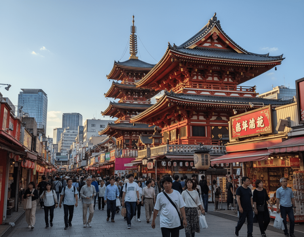 A vibrant view of Osu Kannon Temple in Nagoya, Japan, showcasing its stunning traditional architecture with a grand red pagoda and intricate wooden details in the foreground. Surrounding the temple, a lively Osu shopping district features colorful storefronts and bustling crowds of people dressed in modest casual clothing, highlighting the cultural atmosphere. In the background, clear blue skies and distant city buildings convey a modern contrast to the ancient temple. Warm afternoon sunlight casts soft shadows, enhancing the textures of the temple and shops. The scene captures a harmonious blend of spirituality and everyday life, inviting viewers to explore the essence of Nagoya.