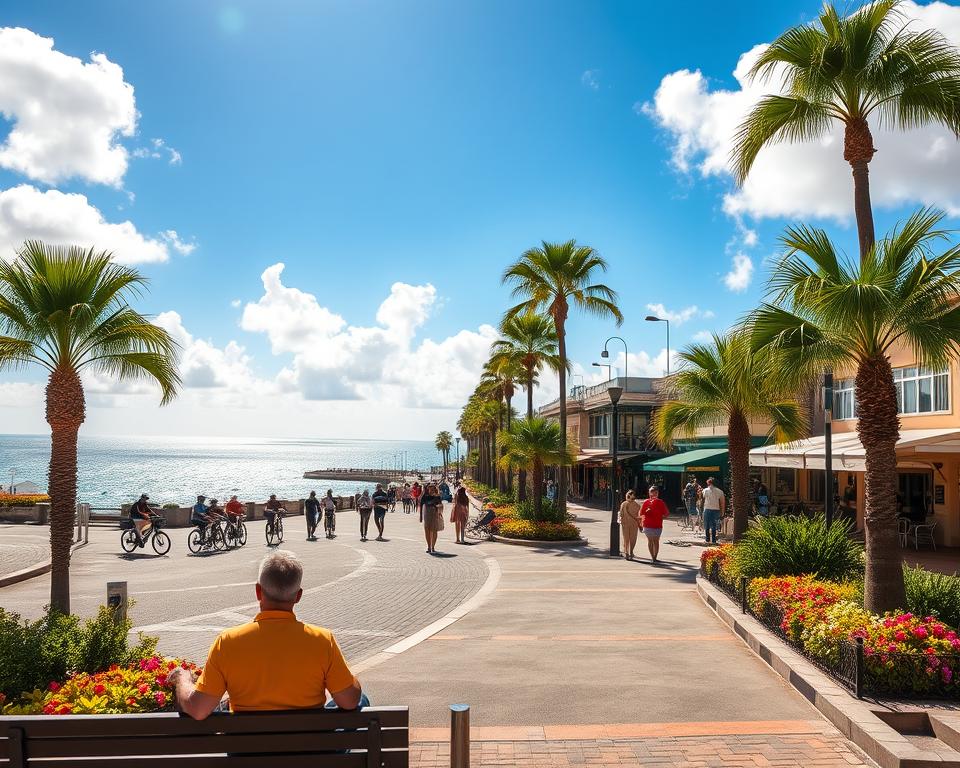 A vibrant view of the Promenade in San Sebastián, La Gomera, with palm trees lining the walkway and people enjoying leisurely strolls. In the foreground, a couple dressed in modest casual clothing sits on a bench, immersed in conversation. The middle ground features a paved path with cyclists and joggers, flanked by colorful flowers and local shops. In the background, the stunning views of the Atlantic Ocean shimmer under a bright blue sky with fluffy white clouds, hinting at the natural beauty of the island. The lighting is warm and inviting, capturing the essence of a sunny afternoon. The angle is slightly elevated, showcasing the vibrant atmosphere and colorful scenery, conveying a sense of relaxation and joy.
