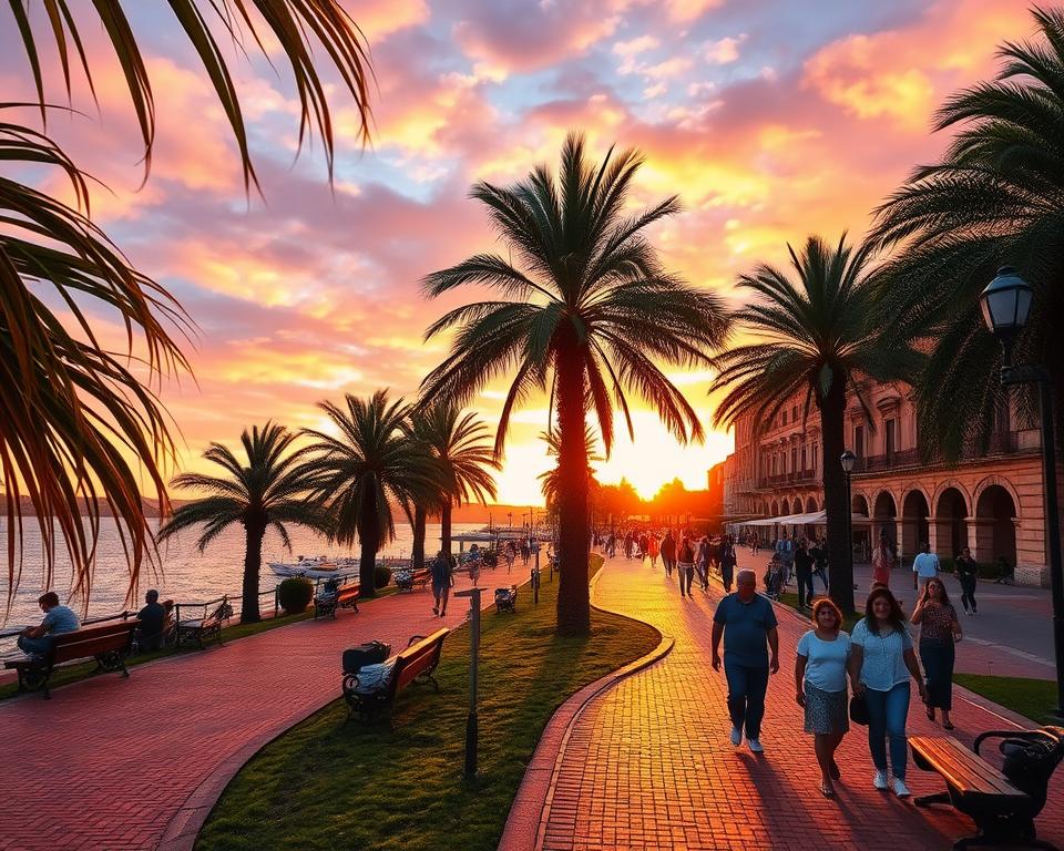 A vibrant view of the Uferpromenade in Colonia del Sacramento during golden hour, showcasing a picturesque scene. In the foreground, lush green palms sway gently, and charming brick pathways meander along the shore. The middle ground features locals and tourists dressed in casual, modest clothing, enjoying the scenic views, with some sitting on benches, while others stroll hand in hand, capturing the joyful atmosphere. In the background, the soft glow of the setting sun reflects off the calm waters of the Río de la Plata, illuminating the historic architecture of nearby colonial buildings. The sky is a brilliant mix of oranges, pinks, and purples, creating a warm and inviting ambiance. The angle is slightly elevated, providing a comprehensive view of the promenade and the stunning landscape.
