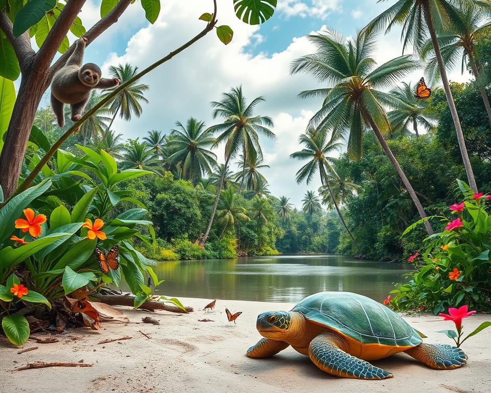 A vibrant view of the diverse wildlife in Tortuguero National Park, Costa Rica. In the foreground, a majestic green sea turtle rests on the sandy shore, surrounded by tropical plants and colorful flowers. To the left, a sloth hangs lazily from a tree branch, while a variety of butterflies flutter nearby. In the middle ground, the lush rainforest features tall, dense trees and a serene river meandering through, reflecting the greenery. In the background, the sky is a soft blue, scattered with fluffy clouds, showcasing ambient sunlight filtering through the canopy, creating a warm, inviting atmosphere. The scene captures the essence of biodiversity, evoking a sense of tranquility and wonder in the rich ecosystem. The image should be taken from a slightly elevated angle, emphasizing the depth and complexity of the environment.