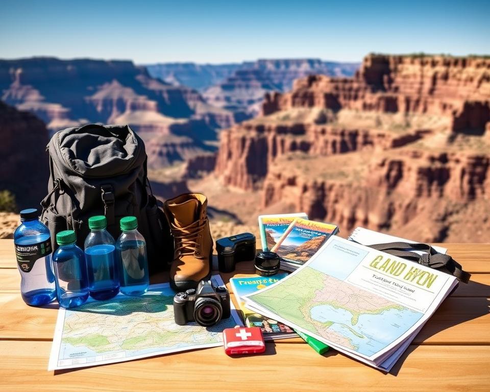 A visually appealing pack list for a Grand Canyon waterfall tour, featuring essential hiking gear arranged neatly on a natural wooden table. In the foreground, there are durable water bottles, a detailed topographical map of the Grand Canyon, a lightweight backpack, and a pair of sturdy hiking boots. In the middle ground, colorful travel guides and a camera with a wide-angle lens sit alongside a small first aid kit. The background showcases a breathtaking view of the Grand Canyon with its layered rock formations under a clear blue sky. Soft, warm sunlight casts gentle shadows, creating an inviting and adventurous atmosphere, perfect for outdoor exploration. The image conveys excitement and preparation for an unforgettable nature experience, with no text, logos, or watermarks. A visually appealing pack list for a Grand Canyon waterfall tour, featuring essential hiking gear arranged neatly on a natural wooden table. In the foreground, there are durable water bottles, a detailed topographical map of the Grand Canyon, a lightweight backpack, and a pair of sturdy hiking boots. In the middle ground, colorful travel guides and a camera with a wide-angle lens sit alongside a small first aid kit. The background showcases a breathtaking view of the Grand Canyon with its layered rock formations under a clear blue sky. Soft, warm sunlight casts gentle shadows, creating an inviting and adventurous atmosphere, perfect for outdoor exploration. The image conveys excitement and preparation for an unforgettable nature experience, with no text, logos, or watermarks.