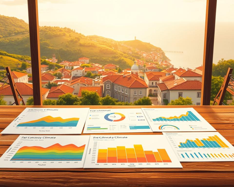 A visually engaging illustration that captures the essence of climate data in Portugal. In the foreground, a wooden table is laid out with an assortment of colorful graphs and charts depicting rainfall, sunshine hours, and humidity levels, inviting viewers to explore these essential climate metrics. The middle ground features a beautiful landscape of a Portuguese village, with terracotta-roofed houses nestled among lush green hills, bathed in warm, golden sunlight. In the background, the iconic coastline of Portugal is subtly visible, hinting at the country's maritime climate. The scene is illuminated by soft, natural light, creating a serene and informative atmosphere. This image should evoke a sense of curiosity and clarity about understanding weather data while maintaining a professional and appealing aesthetic. A visually engaging illustration that captures the essence of climate data in Portugal. In the foreground, a wooden table is laid out with an assortment of colorful graphs and charts depicting rainfall, sunshine hours, and humidity levels, inviting viewers to explore these essential climate metrics. The middle ground features a beautiful landscape of a Portuguese village, with terracotta-roofed houses nestled among lush green hills, bathed in warm, golden sunlight. In the background, the iconic coastline of Portugal is subtly visible, hinting at the country's maritime climate. The scene is illuminated by soft, natural light, creating a serene and informative atmosphere. This image should evoke a sense of curiosity and clarity about understanding weather data while maintaining a professional and appealing aesthetic.