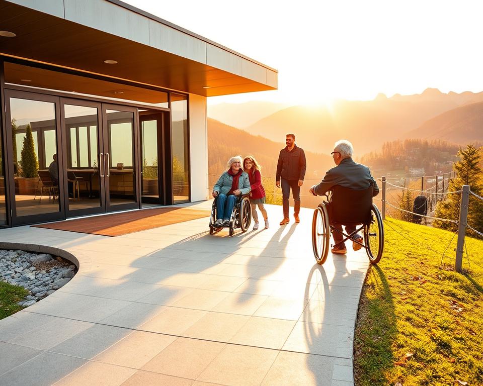A visually inviting scene at Sommerberg, showcasing a barrier-free access point to the cable car station. In the foreground, a smooth pathway designed for easy wheelchair access leads up to the modern, spacious cable car station, featuring large glass doors. In the middle ground, a family is joyfully preparing to board, with one member in a wheelchair, all dressed in comfortable yet smart clothing. The background reveals the stunning mountainous landscape of Bad Wildbad, bathed in warm, golden sunlight, with lush greenery and captivating peaks. The atmosphere is serene and inclusive, emphasizing accessibility and comfort for all. Use a wide-angle lens to capture the expansive view and create a sense of openness, with soft, natural lighting enhancing the scene's welcoming vibe.