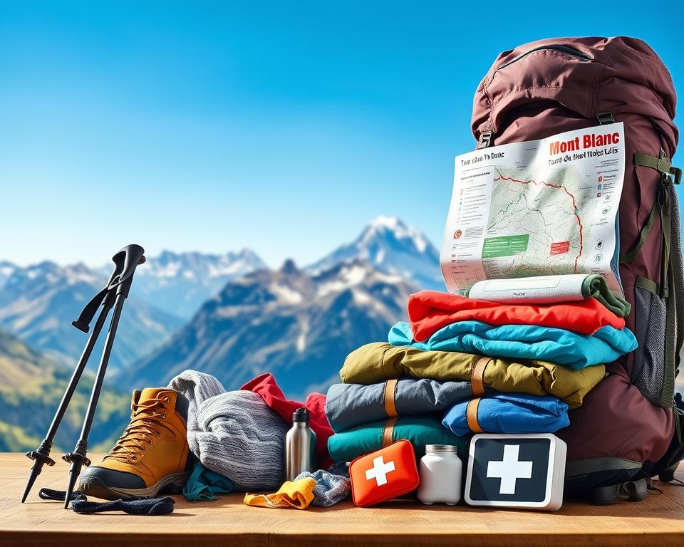 A visually striking collage representing a "Tour du Mont Blanc packliste." In the foreground, neatly arranged hiking gear including a sturdy backpack, trekking poles, a water bottle, and a map prominently featuring the Mont Blanc route. Vibrant layers of clothing are folded next to the gear, showcasing weather-appropriate layers such as a waterproof jacket, thermal layers, and hiking pants. In the middle ground, a hiking boot and a first aid kit imply safety precautions. The background captures the breathtaking Mont Blanc landscape with rugged peaks and lush Alpine valleys under a clear blue sky. Soft, natural lighting enhances the serene atmosphere, emphasizing an adventurous mood. The image should evoke a sense of preparation and excitement for the journey ahead, inviting viewers to imagine their own adventure in the Alps.