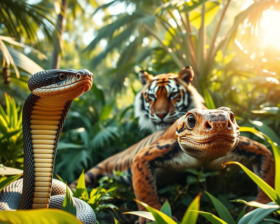 A vivid and engaging image featuring dangerous animals of Thailand. In the foreground, showcase a striking king cobra poised to strike, its glistening scales catching the light. Nearby, a sunbathing monitor lizard displays its powerful, muscular body. In the middle ground, include a lurking tiger, its intense gaze peering through lush foliage. Surround these creatures with tropical plants like palm trees and dense underbrush to enhance the exotic atmosphere. The background should illustrate a vibrant jungle setting with dappled sunlight filtering through the canopy, creating patches of golden light. The overall mood is tense yet mesmerizing, capturing the beauty and peril of Thailand's wildlife. Use a shallow depth of field to focus on the animals while slightly blurring the background for dramatic effect. A vivid and engaging image featuring dangerous animals of Thailand. In the foreground, showcase a striking king cobra poised to strike, its glistening scales catching the light. Nearby, a sunbathing monitor lizard displays its powerful, muscular body. In the middle ground, include a lurking tiger, its intense gaze peering through lush foliage. Surround these creatures with tropical plants like palm trees and dense underbrush to enhance the exotic atmosphere. The background should illustrate a vibrant jungle setting with dappled sunlight filtering through the canopy, creating patches of golden light. The overall mood is tense yet mesmerizing, capturing the beauty and peril of Thailand's wildlife. Use a shallow depth of field to focus on the animals while slightly blurring the background for dramatic effect.