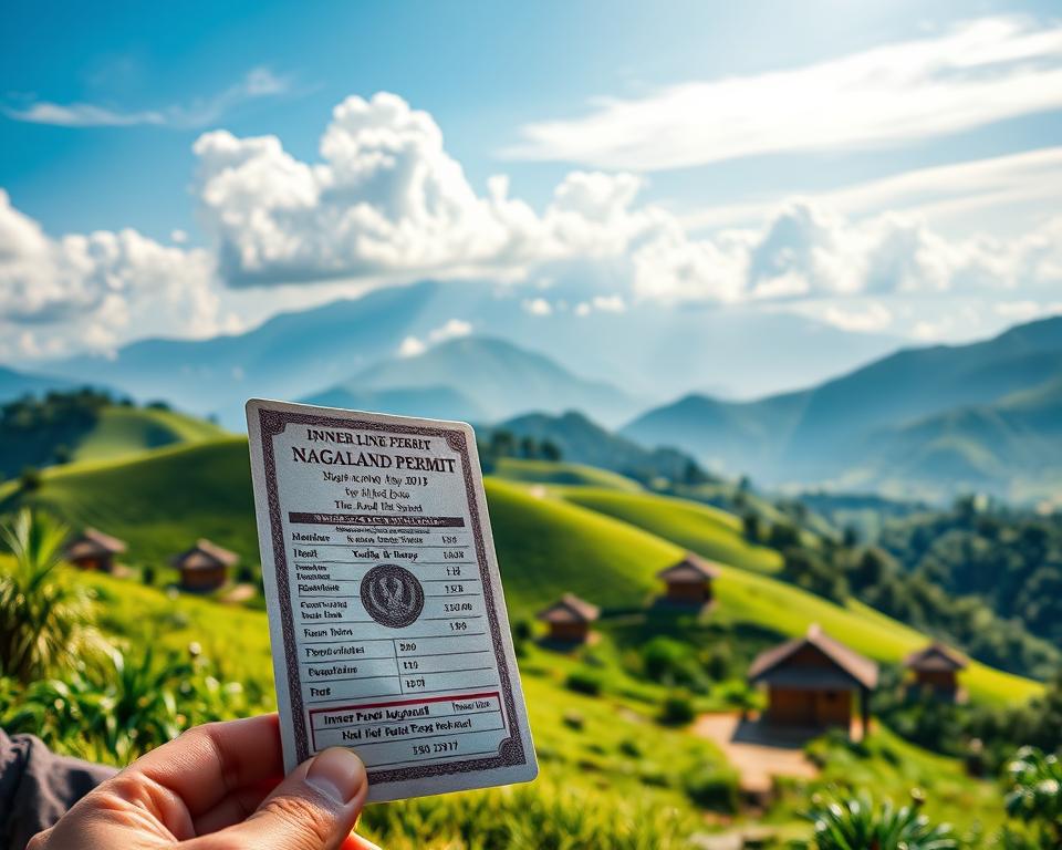A vivid illustration of the Inner Line Permit for Nagaland, showcasing the permit document prominently in the foreground, displaying intricate designs and text. In the middle ground, feature a serene landscape of Nagaland, with rolling green hills, traditional Naga huts made of bamboo, and lush vegetation, emphasizing the region's natural beauty. In the background, soft clouds linger above majestic mountains under a bright blue sky. Include warm, natural lighting to create an inviting atmosphere. The scene should evoke a sense of adventure and cultural respect. The perspective is slightly angled, drawing the viewer's eye from the permit document to the stunning backdrop of Nagaland's landscapes, inviting exploration and appreciation of local traditions.