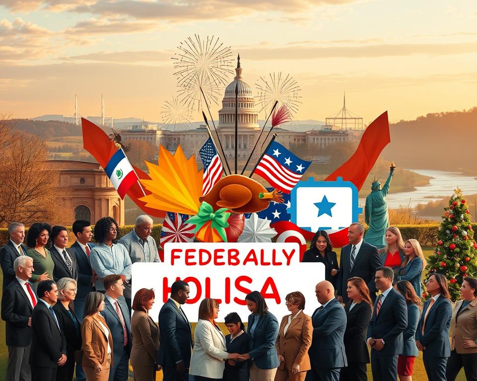 A vivid representation of Federal Holidays in the USA, featuring iconic elements associated with each holiday, arranged harmoniously. In the foreground, a diverse group of individuals in professional attire, celebrating together, embodying the spirit of unity and respect. In the middle, symbols such as a turkey for Thanksgiving, fireworks for Independence Day, and a decorated Christmas tree, artistically integrated to showcase their significance. In the background, a serene American landscape with subtle hints of national monuments like the Capitol Building and the Statue of Liberty, under soft, golden hour lighting, casting warm shadows. The atmosphere is festive and respectful, inviting viewers to appreciate the cultural diversity and historical importance of these holidays.