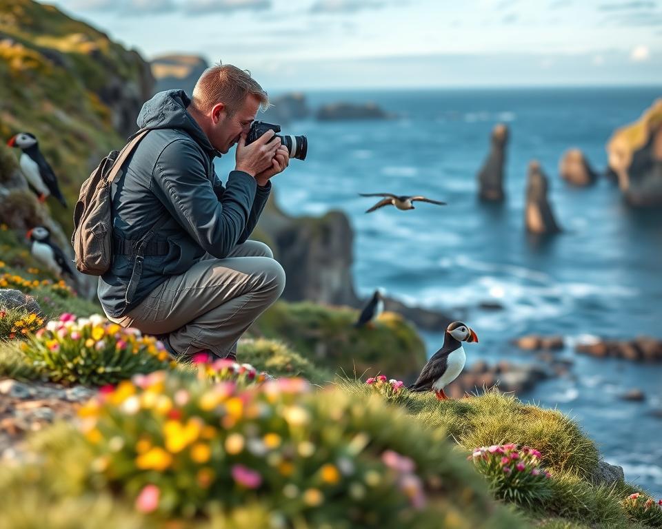 A vivid scene capturing a puffin photographer in Iceland. In the foreground, a focused photographer with a professional camera, clad in modest outdoor clothing, kneels on a rocky outcrop as they carefully frame a vibrant puffin perched nearby. The mid-ground showcases a lush green cliff face dotted with colorful wildflowers, while a couple of puffins flit around, their striking black and white plumage contrasting beautifully with the blue sky. In the background, the dramatic coastal landscape of Iceland, featuring distant waves and rocky formations under soft, golden sunlight, creates a serene yet dynamic atmosphere. The image should evoke a sense of tranquility and connection to nature, with a soft focus on details and subtle colors to enhance the feeling of being present in this serene moment.