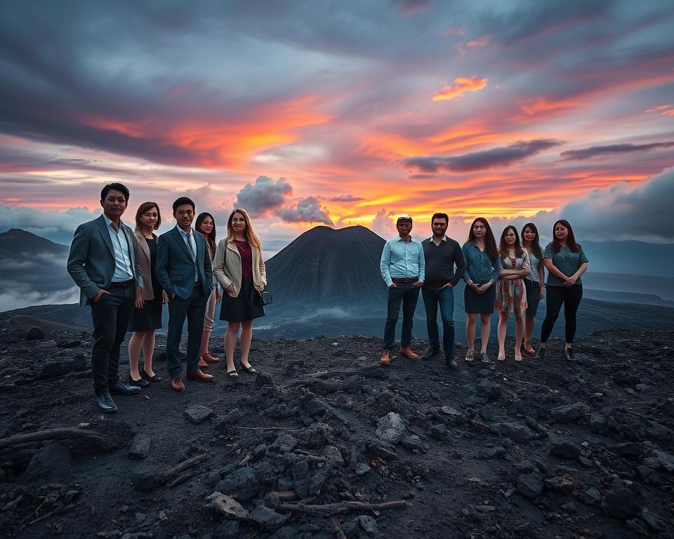 A vivid scene depicting a group of diverse individuals, dressed in professional business attire and modest casual clothing, standing on the edge of a volcanic landscape. In the foreground, they are observing the rugged terrain, with ash and lava rocks scattered around. The middle ground features a smoldering volcano, releasing a gentle plume of smoke into the atmosphere. In the background, a dramatic sunset casts an orange and purple glow over the sky, reflecting off clouds that hint at the power of nature. The individuals display expressions of concern and curiosity, symbolizing the dangers of volcanoes. The lighting is soft yet dramatic, highlighting the contrasts between the volcanic elements and the human figures. The composition is captured using a wide-angle lens, emphasizing the vastness of the scene while maintaining focus on the individuals and their surroundings. A vivid scene depicting a group of diverse individuals, dressed in professional business attire and modest casual clothing, standing on the edge of a volcanic landscape. In the foreground, they are observing the rugged terrain, with ash and lava rocks scattered around. The middle ground features a smoldering volcano, releasing a gentle plume of smoke into the atmosphere. In the background, a dramatic sunset casts an orange and purple glow over the sky, reflecting off clouds that hint at the power of nature. The individuals display expressions of concern and curiosity, symbolizing the dangers of volcanoes. The lighting is soft yet dramatic, highlighting the contrasts between the volcanic elements and the human figures. The composition is captured using a wide-angle lens, emphasizing the vastness of the scene while maintaining focus on the individuals and their surroundings.