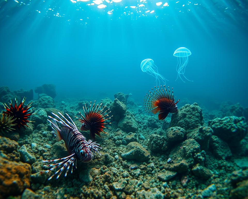 A vivid underwater scene showcasing dangerous marine creatures found along the coasts of Thailand. In the foreground, a menacing stonefish blends in with the rocky ocean floor, while a vibrant, yet poisonous sea urchin nearby adds contrast. The middle ground features a lionfish with its distinctive flowing fins, and in the background, a silvery jellyfish slowly drifts, its tentacles trailing elegantly. The lighting is dappled, filtering through the waves above, creating an ethereal glow. The image is captured with a wide-angle lens, emphasizing depth and the serene yet foreboding atmosphere of the underwater world. Rich blues and greens convey a sense of mystery and danger, inviting viewers to explore the hidden dangers beneath the waves. A vivid underwater scene showcasing dangerous marine creatures found along the coasts of Thailand. In the foreground, a menacing stonefish blends in with the rocky ocean floor, while a vibrant, yet poisonous sea urchin nearby adds contrast. The middle ground features a lionfish with its distinctive flowing fins, and in the background, a silvery jellyfish slowly drifts, its tentacles trailing elegantly. The lighting is dappled, filtering through the waves above, creating an ethereal glow. The image is captured with a wide-angle lens, emphasizing depth and the serene yet foreboding atmosphere of the underwater world. Rich blues and greens convey a sense of mystery and danger, inviting viewers to explore the hidden dangers beneath the waves.