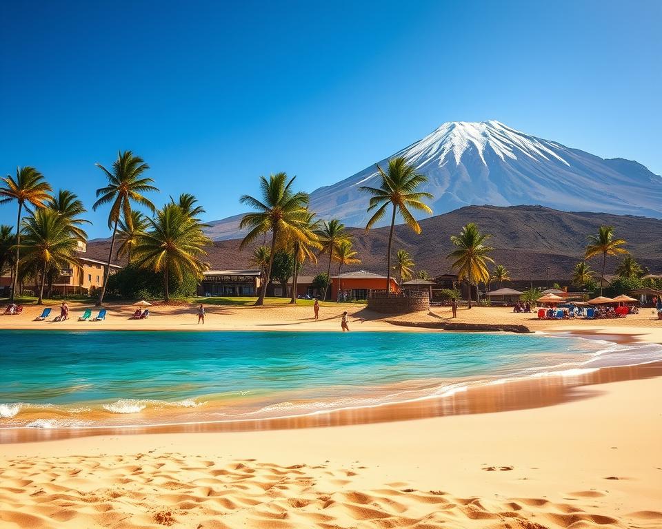 A warm and inviting landscape of Tenerife's southern region, capturing the essence of a sun-soaked beach scene. In the foreground, golden sands stretch invitingly along the shoreline, dotted with colorful towels and umbrellas. A crystal-clear turquoise ocean gently laps at the shore, reflecting the vibrant blue sky overhead. In the middle ground, palm trees sway in a mild breeze, adding an exotic touch, while a few beachgoers in casual summer attire enjoy the serene environment. In the background, the majestic Teide volcano rises, its snow-capped peak contrasting with the warmth of the surrounding landscape, creating a beautiful juxtaposition. The scene is bathed in soft, golden sunlight, creating a serene and inviting mood, as if inviting viewers to escape to this warm paradise.