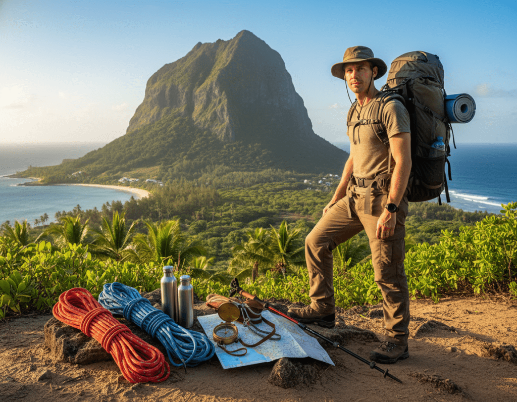 A well-equipped hiker stands confidently at the foot of Le Morne Brabant, dressed in practical hiking attire and a sturdy backpack. In the foreground, detailed hiking gear is displayed, including climbing ropes, a compass, and water bottles. The middle ground features the majestic, lush peak of Le Morne Brabant, surrounded by vibrant tropical foliage, enhancing its dramatic silhouette against a clear blue sky. In the background, the shimmering coastline of Mauritius is visible, with azure waters gently lapping at the shore. Soft, warm sunlight bathes the scene, creating an inviting and adventurous atmosphere. The image captures the spirit of preparation and excitement for an outdoor adventure while emphasizing the natural beauty and cultural significance of the area.