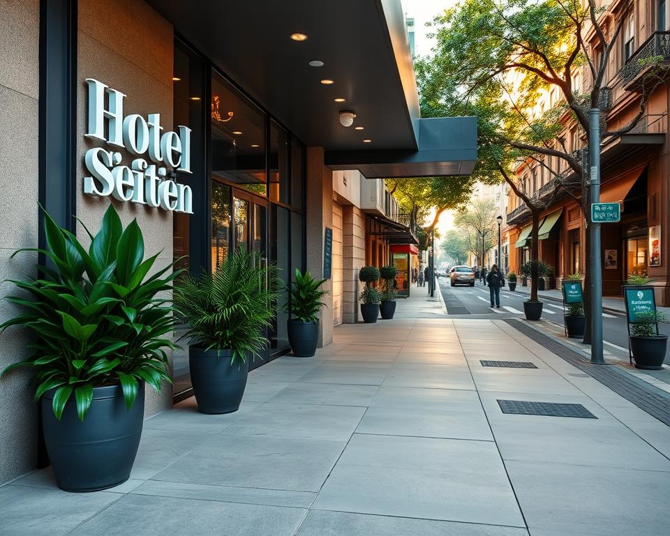 A well-maintained, modern hotel exterior featuring "Hotel Sicherheit Buenos Aires" prominently displayed in a stylish font. The foreground showcases a welcoming entrance with lush potted plants and clear glass doors. In the middle ground, a clean sidewalk leads to the hotel with a few discreet security features like camera surveillance and well-lit pathways. The background reveals a bustling Buenos Aires street scene, with traditional architecture and urban greenery, capturing the essence of the city. The lighting is warm and inviting, suggesting late afternoon sunlight that enhances the colors. Use a wide-angle lens perspective to provide depth and create a sense of security and comfort. The overall mood should be tranquil and safe, appealing to travelers seeking reliable accommodations.