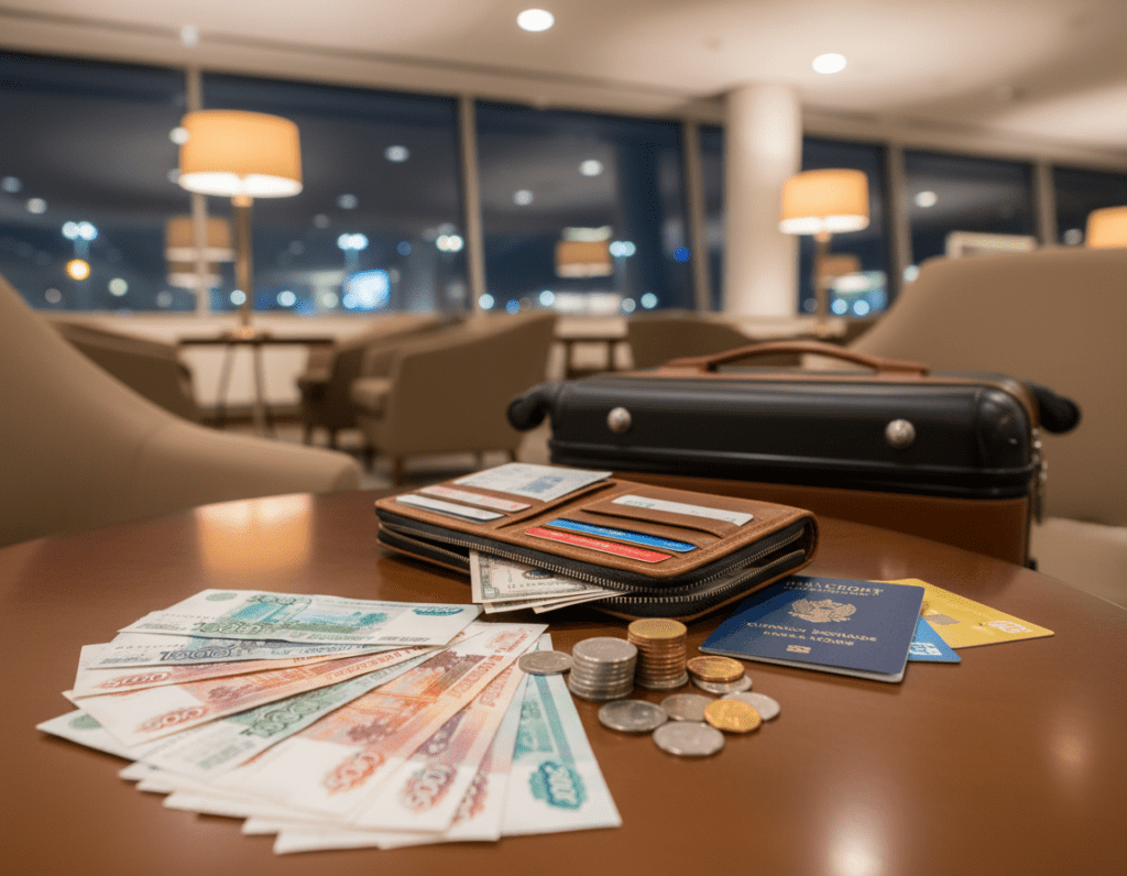 A well-organized and inviting travel display featuring various forms of currency, including Russian rubles and international credit cards, set on a wooden table. In the foreground, vivid stacks of bills and scattered coins create an engaging focal point. In the middle, a sleek travel wallet opens to reveal essential cards and a pocket guide for currency exchange. The background showcases a dimly lit airport lounge with soft, warm lighting to convey a sense of comfort and preparation for travel. A suitcase is partially visible, hinting at the journey ahead. The overall atmosphere is one of readiness and sophistication, emphasizing the importance of financial preparation for a trip to Russia.