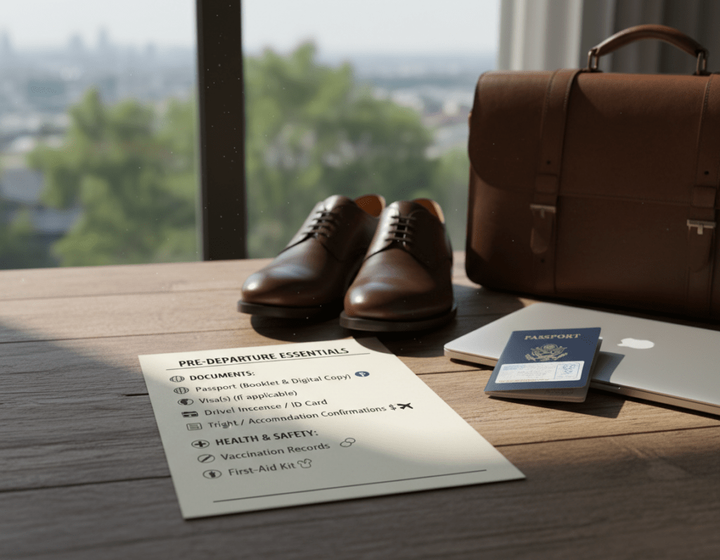 A well-organized checklist for travel information displayed on a single sheet, located on a wooden table. The foreground showcases the checklist, with clear bullet points and icons indicating essential travel documents like passports, visas, and insurance details. In the middle ground, a pair of professional business shoes, a briefcase, and a closed laptop suggest a ready-to-depart ambiance. The background features a softly blurred window with natural sunlight streaming in, casting gentle shadows across the table. The atmosphere is focused and practical, evoking a sense of preparation and anticipation for a journey. The color scheme is warm, with earthy tones to enhance the welcoming feel of the space, and the image should be clear and well-lit to emphasize the checklist details.