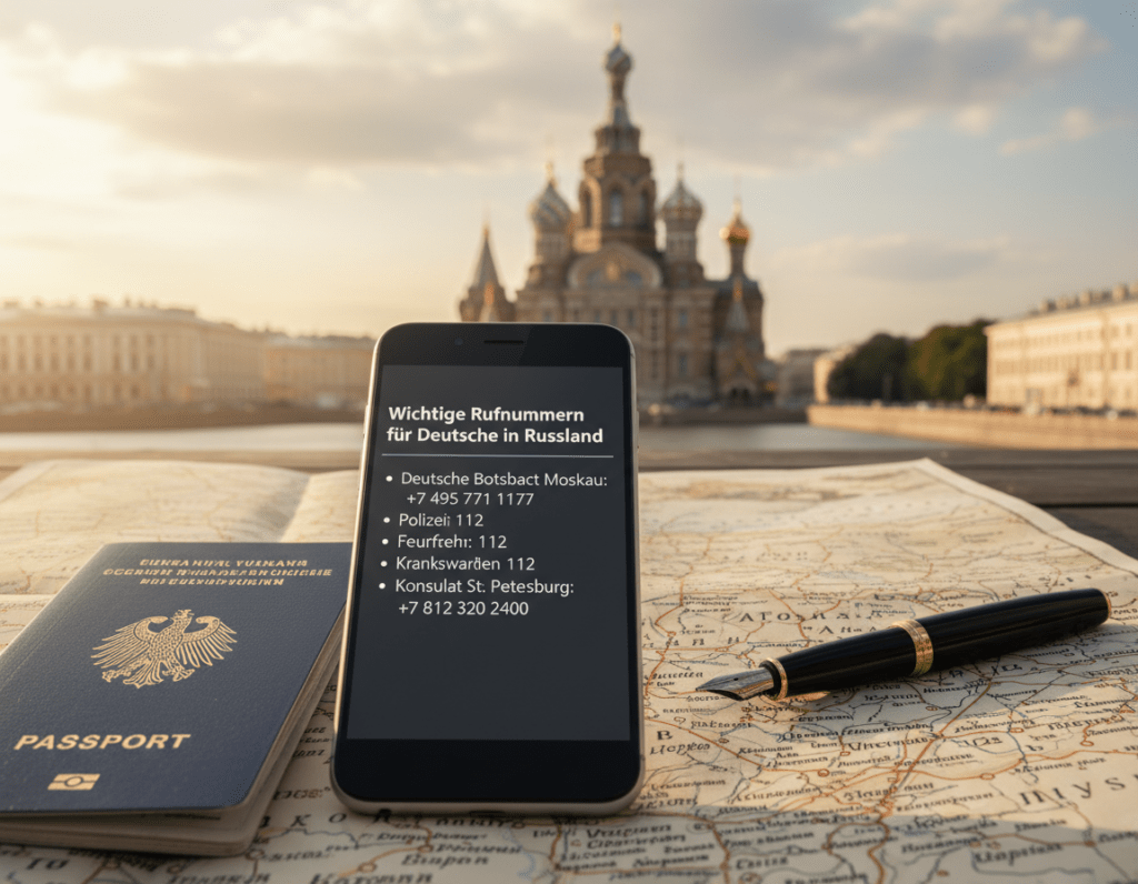A well-organized collection of emergency contact numbers for German citizens traveling in Russia, creatively illustrated in a visually engaging layout. In the foreground, depict a smartphone displaying the emergency numbers in a clear and professional font, surrounded by relevant travel items such as a passport, a map of Russia, and a pen. The middle ground should include a serene urban setting, showcasing iconic Russian architecture subtly blurred, indicating the traveler’s surroundings. The background can feature a soft-focus city skyline under natural daylight, representing the idea of safety. The overall mood should be reassuring and informative, emphasizing preparedness and practicality for travelers. Use warm, inviting lighting to evoke a sense of security and professionalism.