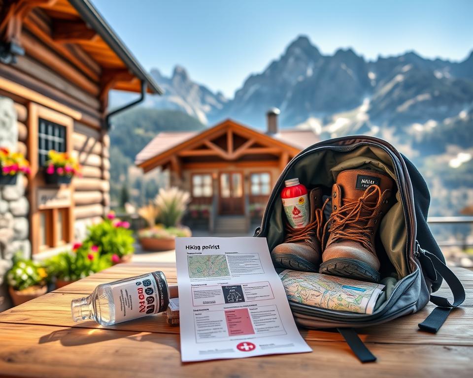 A well-organized hiking pack list displayed on a wooden table at the Olpererhütte in Tirol. In the foreground, an open backpack filled with essential hiking gear: a water bottle, a map, snacks, a first aid kit, a pair of sturdy hiking boots, and a jacket. The middle view showcases the rustic Olpererhütte, with its wooden facade and stone accents, surrounded by alpine flowers and greenery. The background features towering mountains with a clear blue sky, hinting at adventure. Soft, natural lighting illuminates the scene, enhancing the cozy and inviting atmosphere. The image captures a sense of preparation and excitement for a mountain hike. Ideal angle: slightly elevated to incorporate both the pack list and the stunning view beyond.