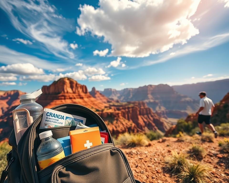 A well-organized hiking pack sits prominently in the foreground, filled with essential gear such as a water bottle, snacks, a first aid kit, and a map of the Grand Canyon, all clearly visible. In the middle, vivid red and orange rock formations of the Grand Canyon rise majestically, showcasing the canyon's depth and geological layers. The sky is a brilliant blue with soft, fluffy clouds, adding a vibrant touch to the scene. The sunlight casts warm, golden rays, creating inviting shadows on the ground. A distant hiker, dressed in modest casual clothing, walks along a well-marked trail, capturing the adventurous spirit of exploration. The atmosphere feels serene yet exhilarating, embodying the essence of a day spent in nature's wonders.