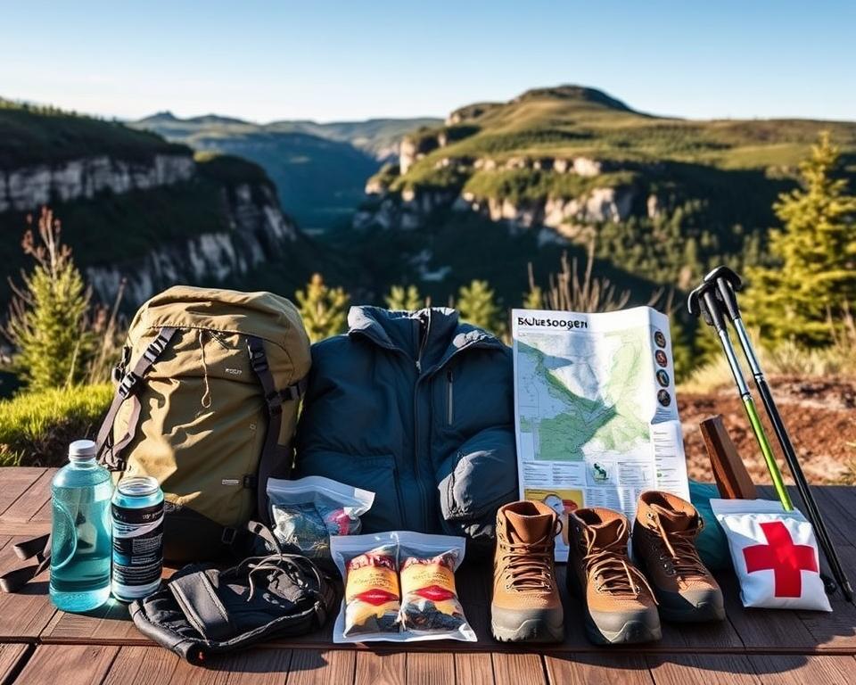 A well-organized outdoor gear layout to illustrate a packing list for Skuleskogen National Park. In the foreground, display a sturdy hiking backpack, a water bottle, layered clothing including a waterproof jacket, hiking boots, and trekking poles. In the middle ground, include an open map of the national park, trail snacks, and a first aid kit, emphasizing preparation for an adventure. In the background, depict a scenic view of Skuleskogen with its rugged cliffs, lush greenery, and a clear blue sky. Soft, natural lighting casts gentle shadows, creating an inviting atmosphere. The image should feel adventurous and inspirational, encouraging viewers to prepare for their outdoor journey.