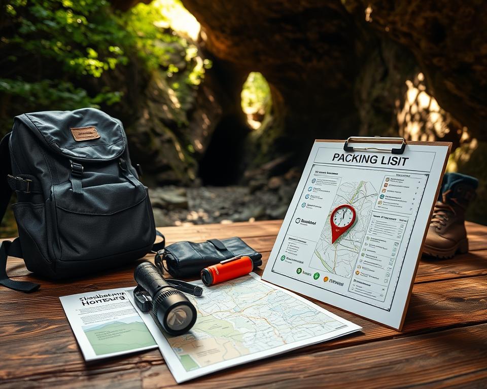 A well-organized packing list for a cave visit is displayed prominently on a rustic wooden table. In the foreground, items such as a sturdy backpack, a flashlight, and a water bottle are neatly arranged alongside a map of the Schlossberghöhlen Homburg. The middle ground features hiking gear like sturdy boots and warm clothing, hinting at the cool cave environment. In the background, a shadowy cave entrance peeks through a lush forest, with soft, dappled sunlight filtering through the trees, creating an adventurous mood. The scene is captured with a wide-angle lens, exhibiting vibrant colors and a warm atmosphere, evoking a sense of exploration and preparation for an exciting journey underground.