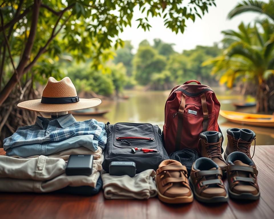 A well-organized packing list for a journey to the Sundarbans, visually arranged in a vibrant, tropical setting. In the foreground, display neatly folded clothing suitable for warm weather—lightweight shirts, pants, and a wide-brimmed hat. Include essential travel gadgets like a compact camera, a portable charger, and a pair of binoculars. In the middle ground, showcase durable footwear, such as hiking boots and sandals, alongside a travel backpack. The background should depict a lush, green landscape of the Sundarbans, featuring mangrove trees and serene water canals with soft lighting that evokes a sense of adventure and tranquility. The atmosphere feels inviting and exploratory, with warm, natural colors that symbolize the beauty of India’s Sundarbans. The image should be framed with a slight depth of field, highlighting the packing essentials in focus while subtly blurring the background for emphasis.