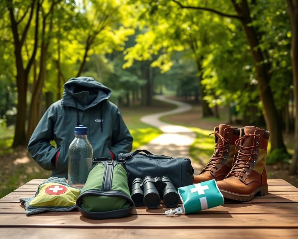 A well-organized packing list for a trip to a wildlife park displayed on a wooden picnic table. In the foreground, items like a rain jacket, sturdy hiking boots, a reusable water bottle, binoculars, and a small first aid kit are neatly arranged. The middle ground includes a lush green backdrop of trees and a clear view of a winding path leading into the park, suggesting exploration and adventure. In the background, soft sunlight filters through the leaves, casting a warm and inviting glow. The atmosphere is lively yet serene, reflecting the excitement of a wildlife park visit, encouraging readiness for all weather conditions. The image should be bright and vibrant, with a focus on the essentials needed for a safe and enjoyable outdoor experience. A well-organized packing list for a trip to a wildlife park displayed on a wooden picnic table. In the foreground, items like a rain jacket, sturdy hiking boots, a reusable water bottle, binoculars, and a small first aid kit are neatly arranged. The middle ground includes a lush green backdrop of trees and a clear view of a winding path leading into the park, suggesting exploration and adventure. In the background, soft sunlight filters through the leaves, casting a warm and inviting glow. The atmosphere is lively yet serene, reflecting the excitement of a wildlife park visit, encouraging readiness for all weather conditions. The image should be bright and vibrant, with a focus on the essentials needed for a safe and enjoyable outdoor experience.