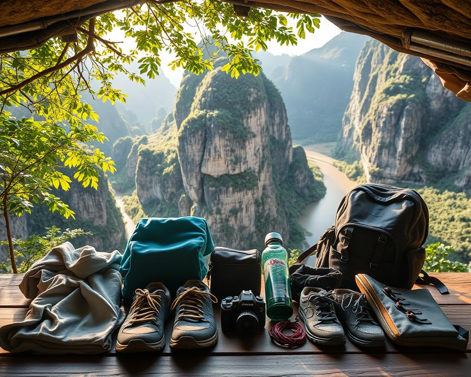 A well-organized travel packing checklist displayed artistically in a scenic setting of the Mua Caves in Vietnam. In the foreground, show a beautifully arranged assortment of essential travel items: lightweight clothing, sturdy hiking shoes, a camera, a water bottle, and a small backpack. In the middle ground, depict the towering limestone karsts and lush greenery of the Mua Caves, with vibrant sunlight filtering through the leaves, creating a warm, inviting atmosphere. In the background, showcase the rugged cliffs of the caves with a hint of the winding river below, embodying the adventurous spirit of exploration. Use soft, natural lighting to enhance the serene and adventurous mood. Capture the scene with a wide-angle lens from a slightly elevated perspective, emphasizing both the packed items and the majestic landscape.