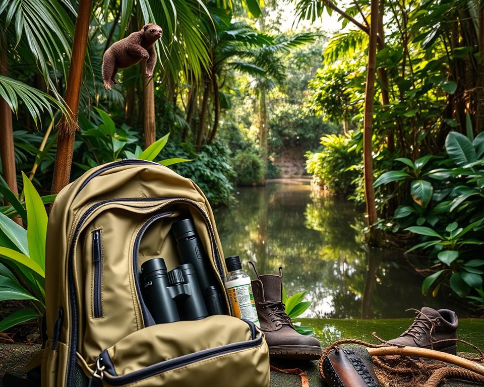 A well-organized travel packing list displayed artistically amidst a lush tropical rainforest setting that embodies the essence of Tortuguero National Park, Costa Rica. In the foreground, an open backpack reveals essential gear: binoculars, a durable rain jacket, sturdy hiking boots, insect repellent, and a water bottle. The middle ground includes vibrant green foliage, and a serene water channel reflecting the dense trees surrounding it. In the background, hints of wildlife, such as a sloth or a colorful bird, peek through the leaves. Soft, dappled sunlight filters through the canopy, creating a warm, inviting mood. The scene is captured at a slightly angled view to add depth and intrigue.