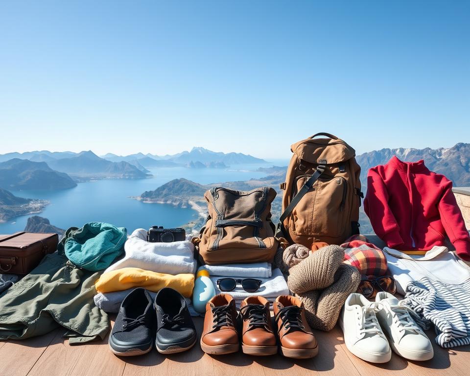 A well-organized travel packing list for Albania, creatively illustrated. In the foreground, a neatly arranged assortment of travel essentials including clothes suitable for different seasons: lightweight summer garments like shorts and t-shirts, warm sweaters and jackets for winter, and versatile shoes. The middle features a cozy travel backpack and travel accessories such as a camera, sunglasses, and a sunscreen bottle. In the background, a scenic representation of Albania's diverse landscapes, showing mountains and a coastline under a clear blue sky. The lighting is bright and sunny, casting soft shadows to create a warm atmosphere. The angle is slightly elevated, providing a broad view of the packing items and the enchanting surroundings, inspiring anticipation for the journey ahead. A well-organized travel packing list for Albania, creatively illustrated. In the foreground, a neatly arranged assortment of travel essentials including clothes suitable for different seasons: lightweight summer garments like shorts and t-shirts, warm sweaters and jackets for winter, and versatile shoes. The middle features a cozy travel backpack and travel accessories such as a camera, sunglasses, and a sunscreen bottle. In the background, a scenic representation of Albania's diverse landscapes, showing mountains and a coastline under a clear blue sky. The lighting is bright and sunny, casting soft shadows to create a warm atmosphere. The angle is slightly elevated, providing a broad view of the packing items and the enchanting surroundings, inspiring anticipation for the journey ahead.