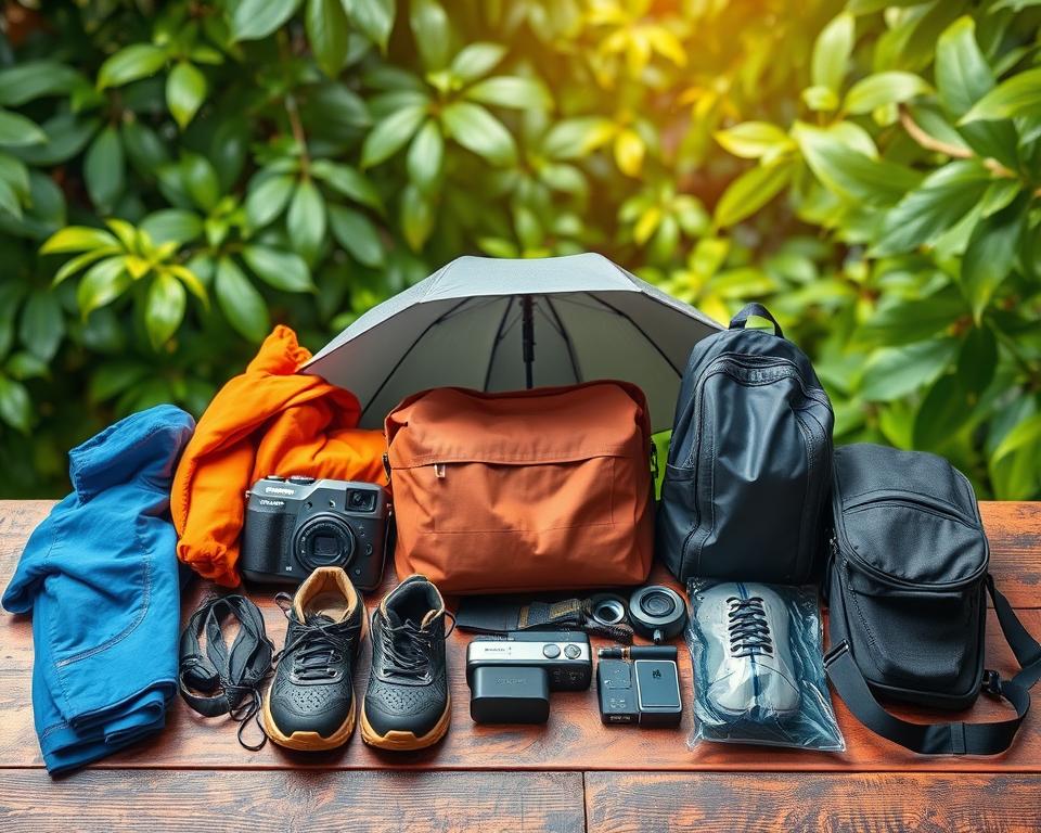 A well-organized travel packing list for the Indian monsoon, displayed on a rustic wooden table. In the foreground, showcase essential items: waterproof clothing, sturdy shoes, a compact umbrella, and a waterproof bag. In the middle ground, include tech gadgets like a portable charger, a travel-sized camera, and a rain cover for devices. In the background, create an ambiance of lush greenery typical of the Indian monsoon season, with soft raindrops visible on vibrant leaves. Use natural diffused lighting to enhance the fresh and lively atmosphere. The angle should be slightly overhead to capture the entire packing scene, evoking a sense of preparedness and adventure for the traveler.