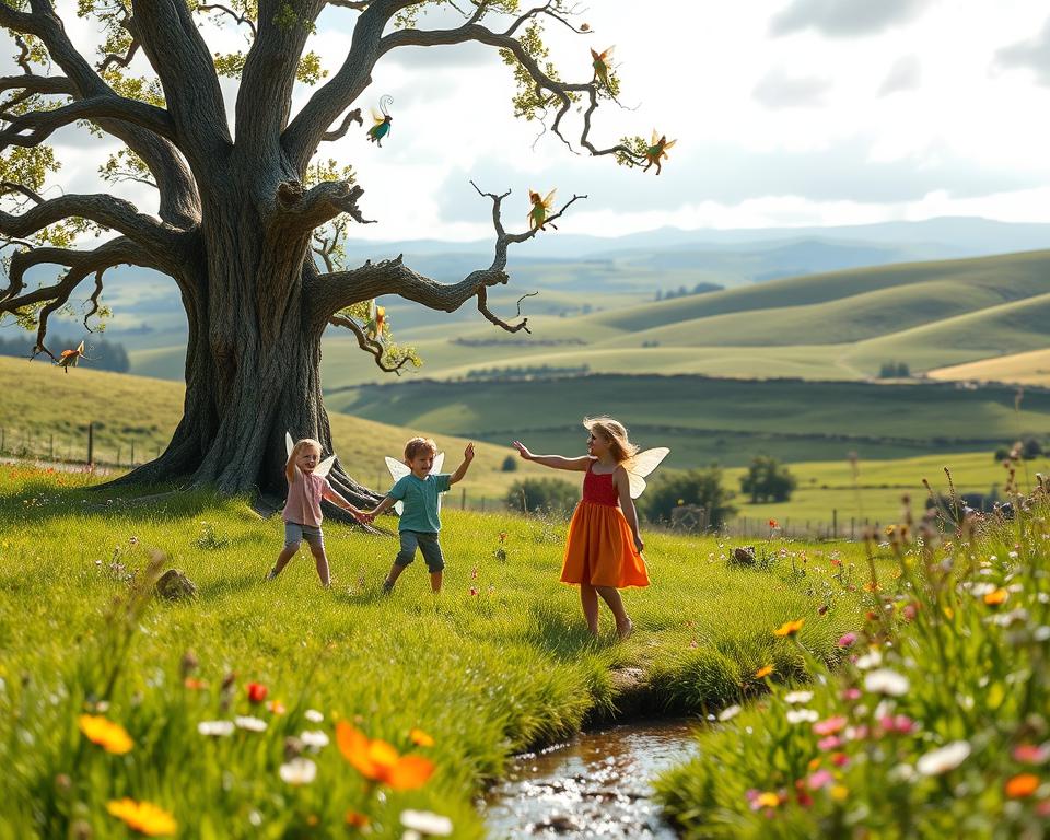 A whimsical scene depicting Irish folklore for children, featuring playful fairies dancing around a gentle, ancient oak tree in a lush green meadow. In the foreground, two children, a boy and a girl, dressed in modest, colorful clothing, are joyfully interacting with the fairies, their expressions filled with wonder and excitement. In the middle ground, a small bubbling brook reflects the vibrant colors of the meadow and is lined with beautiful wildflowers in various shades. The background reveals distant rolling hills under a bright, cloudy sky, casting soft, dappled sunlight over the scene. The atmosphere is magical and inviting, evoking a sense of adventure and imagination, reminiscent of classic Irish tales. Soft and enchanting lighting enhances the serene mood.