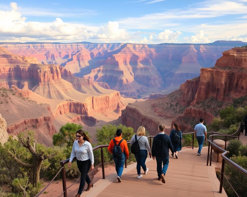 A wide-angle view of the Grand Canyon showcasing its breathtaking geological formations in the background, under a bright blue sky with soft white clouds. In the foreground, a diverse group of individuals in modest casual clothing are navigating the accessible pathways, highlighting the barrier-free features like smooth ramps and sturdy handrails. The middle ground features lush desert vegetation, emphasizing the natural beauty of the park. The lighting is warm and inviting, casting gentle shadows across the canyon walls, enhancing the rich colors of the rock layers. The atmosphere is serene and inclusive, capturing a sense of adventure and connection with nature, inviting everyone to experience the wonder of this iconic destination.