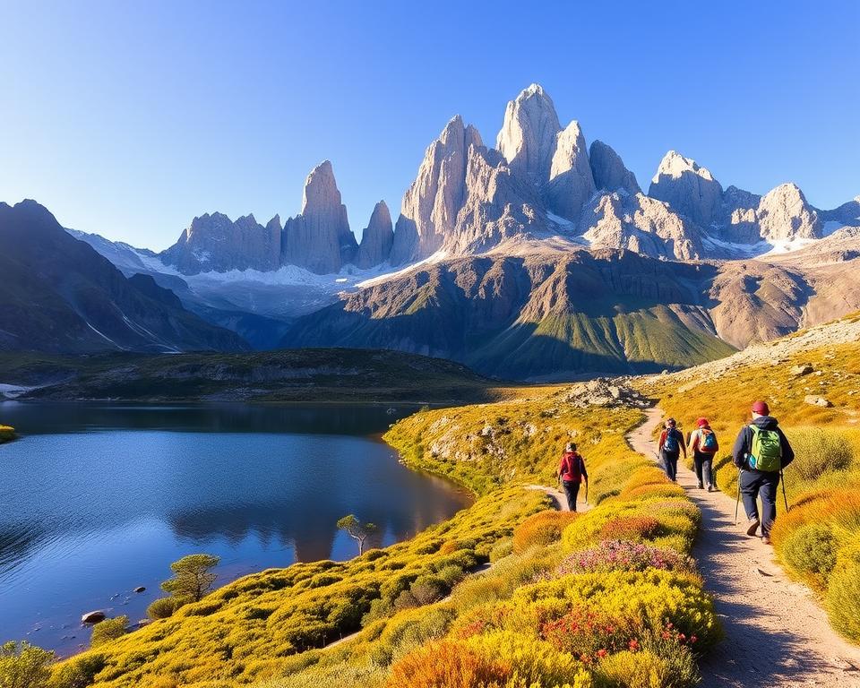 A wide-angle view of the stunning Torres del Paine mountains in Patagonia, featuring the iconic jagged peaks rising dramatically against a clear blue sky. In the foreground, a tranquil lake reflects the towering granite formations, surrounded by vibrant green vegetation and colorful wildflowers, creating a lively contrast. The middle ground showcases a winding hiking trail populated with modestly dressed hikers carrying backpacks, adding a sense of scale and adventure to the scene. Soft, golden morning light bathes the landscape, casting gentle shadows that enhance the textures of the rugged terrain. The atmosphere feels serene and invigorating, emphasizing the beauty and majesty of nature, inviting exploration and appreciation for the environment.