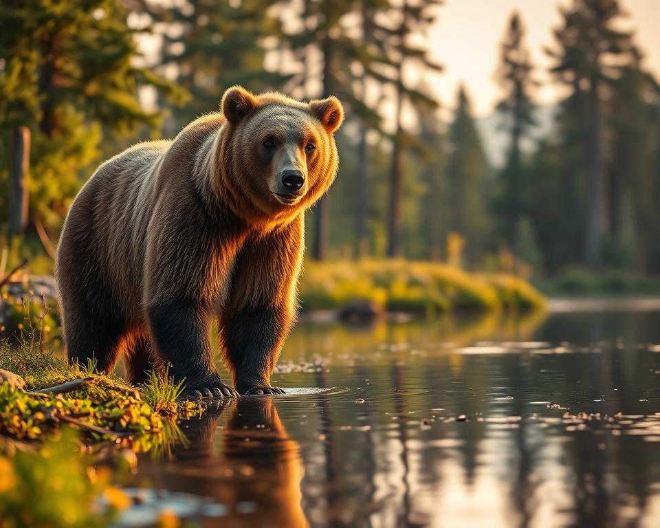 A wild brown bear standing majestically in a serene Swedish forest, showcasing its powerful body and distinctive fur texture. In the foreground, the bear is positioned near a clear, sparkling lake, with its reflection gently rippling on the water's surface. The middle ground features lush green foliage and wildflowers, adding vibrant color to the scene. In the background, tall pine trees stretch towards a soft, hazy sunset sky, casting warm golden light and creating a tranquil atmosphere. The image captures a close-up perspective, emphasizing the bear's expressive eyes and intricate details of its thick fur. Warm natural lighting enhances the peaceful mood of this wildlife encounter, inviting viewers to appreciate the beauty of nature. A wild brown bear standing majestically in a serene Swedish forest, showcasing its powerful body and distinctive fur texture. In the foreground, the bear is positioned near a clear, sparkling lake, with its reflection gently rippling on the water's surface. The middle ground features lush green foliage and wildflowers, adding vibrant color to the scene. In the background, tall pine trees stretch towards a soft, hazy sunset sky, casting warm golden light and creating a tranquil atmosphere. The image captures a close-up perspective, emphasizing the bear's expressive eyes and intricate details of its thick fur. Warm natural lighting enhances the peaceful mood of this wildlife encounter, inviting viewers to appreciate the beauty of nature.
